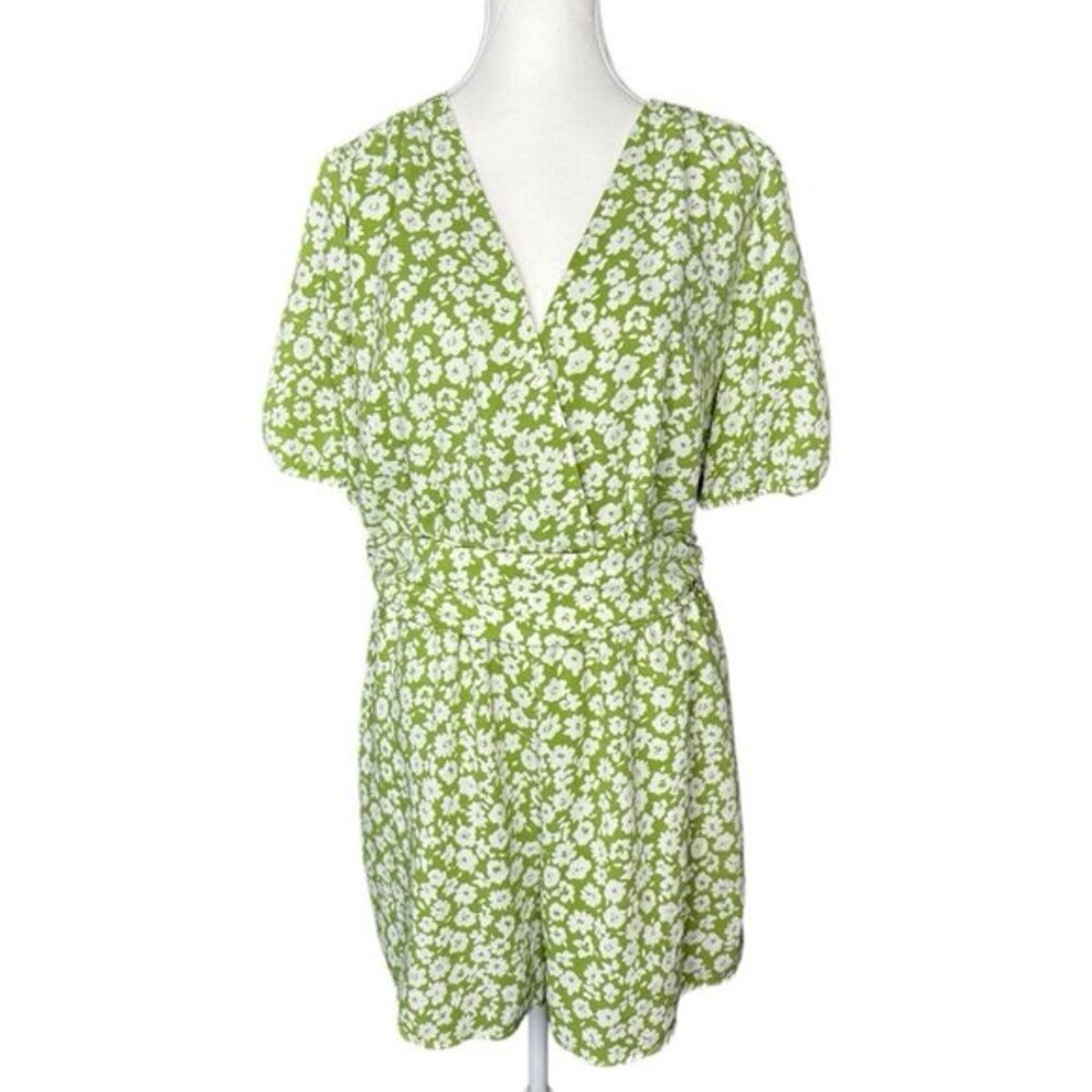 Heartloom Womens Green White Floral V-Neck Short Sleeve Pocket‎ Romper Size L